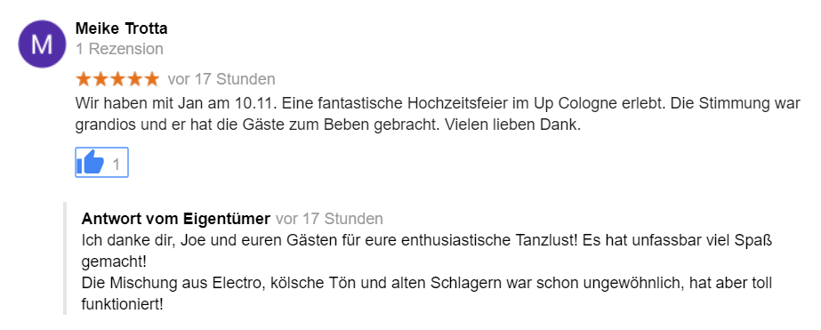 5 sterne google rezension hochzeit upcologne 10.11.18